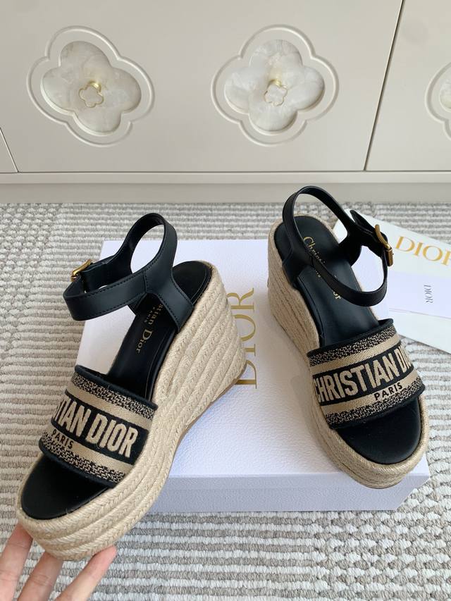 wholesale slippers sandals Purchasing Dior Dway hemp rope straw thick-soled wedg