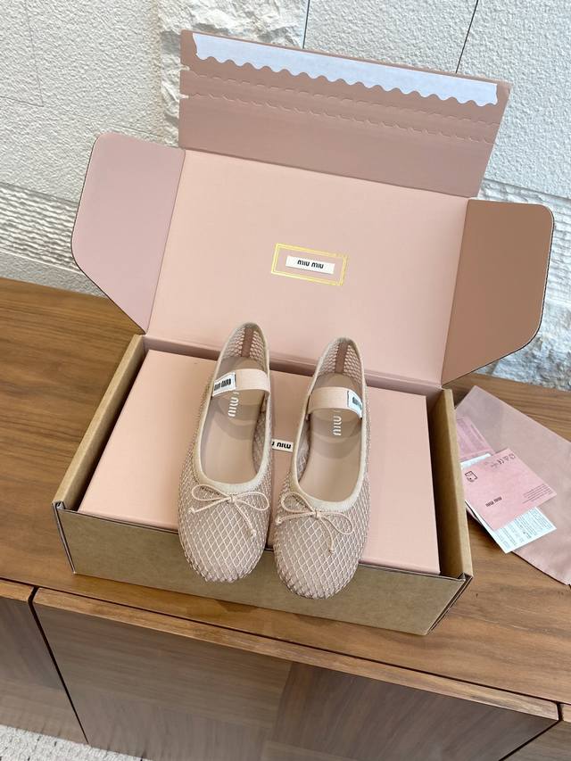 Premium version: Box + 10 Miumiu 25Ss Spring and Summer New Mesh Bow Ballet Flat