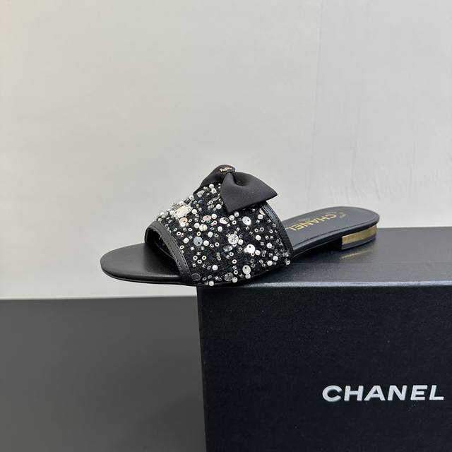 Factory price P Chanel 24Ss bow slippers Self-owned style, leather sole, bow emb