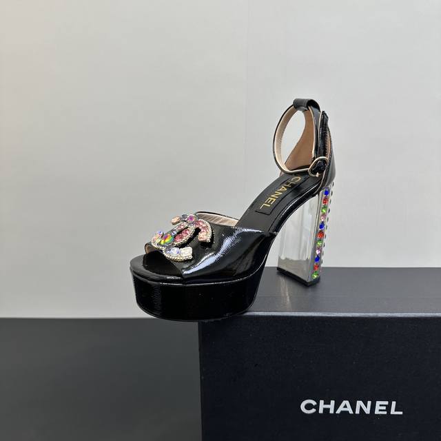 Chanel Chanel style nightclub colored diamond thick heel square heel high heel w