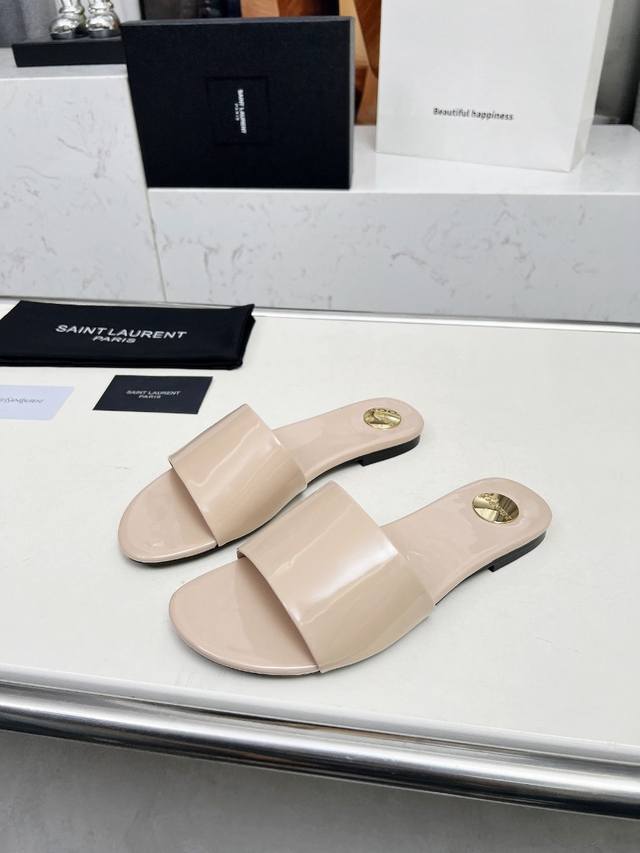Saint Laurent: Apricot patent leather slippers Size 35-44 42.43.44 Custom made,