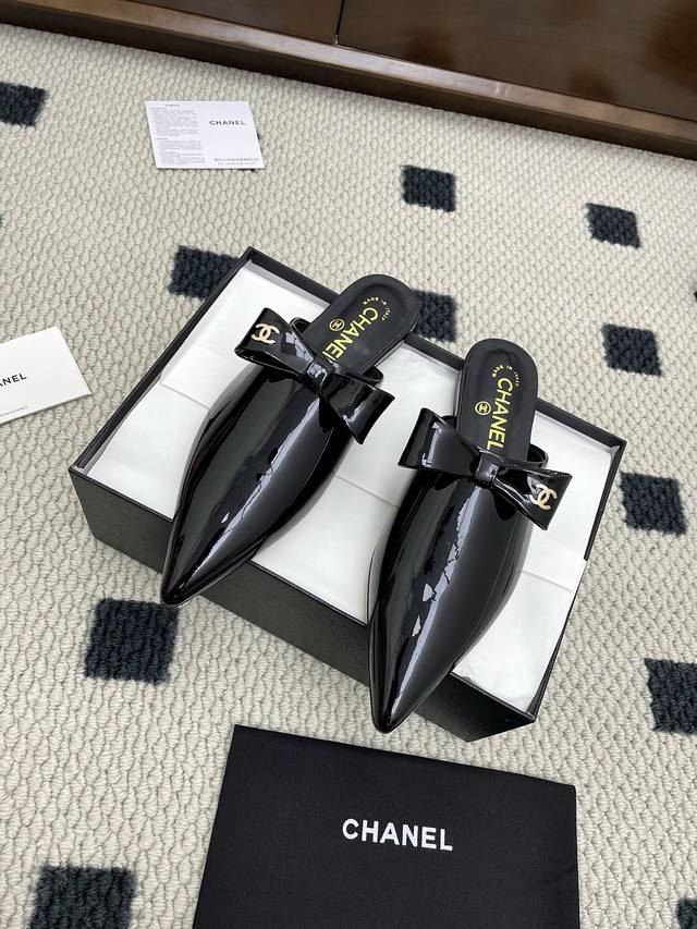 Chanel25Ss summer new bow-knot pointed mule slippers Counter quality One of the