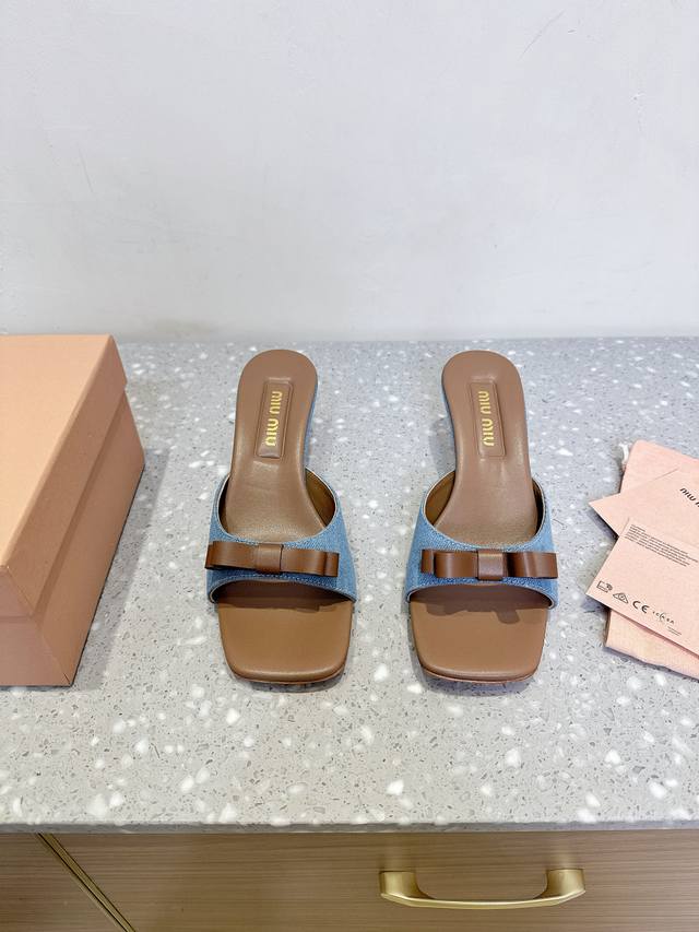 Miu Miu 25Ss Spring/Summer new kitten heel denim slippers Prepare a few more pai