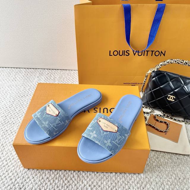 Lv Donkey brand 25th summer newest denim flat sandals four-leaf clover leather s