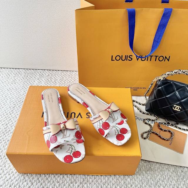 Lv Donkey brand 25th summer newest cherry bow sandals cherry kitten heel sandals