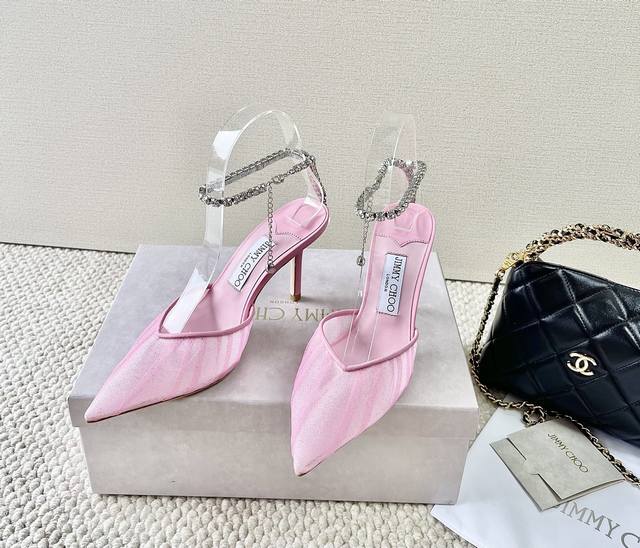Purchasing version Jimmy Choo JC new crystal chain mesh high-heeled sandals Heel