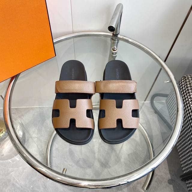 Men's size +10 Hermes Chypre series Velcro slippers Top quality Upper: imported