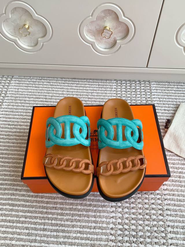 Men's size +10 Hermes Extra pig nose couple chain slippers Top quality Cute pig