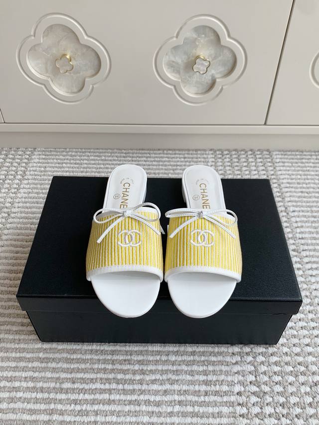 Purchasing-level Chane* Xiaoxiang 25 new double C bow striped flat slippers Uppe
