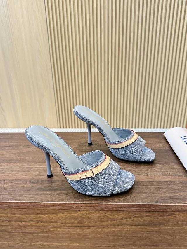 Lv denim canvas printed pattern high heel 9.5 cm, low heel 5.5 cm, size 35-42, r