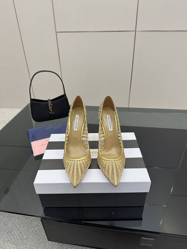 Aquazzura pineapple 2025 new mesh rhinestone hollow silk high-heeled sandals top