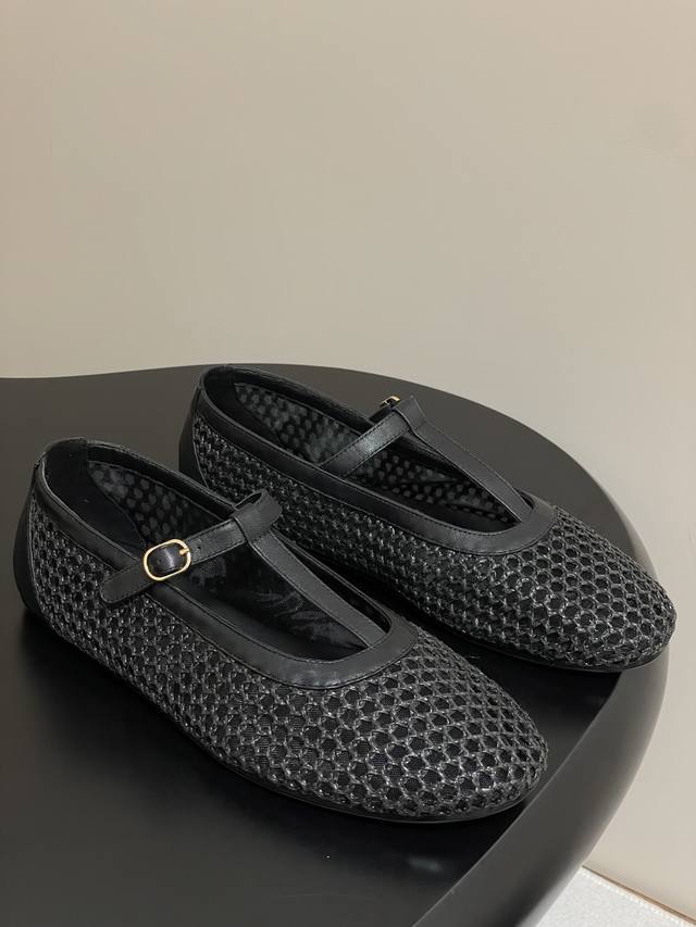 The Row 25Ss early spring new Tr woven mesh T-strap flat Mary Jane single shoes