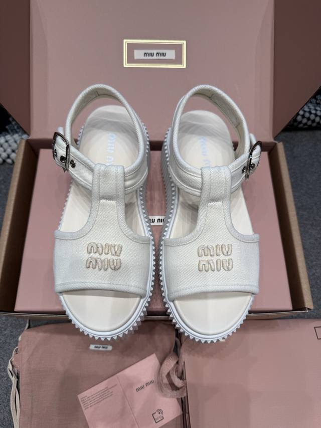 Miu Miu 25Ss new spring and summer platform thick-soled canvas Roman open-toe ca