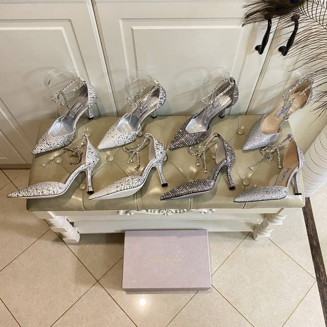 Factory price P, Jimmy Choo crystal chain high-heeled sandals, silk satin hot di