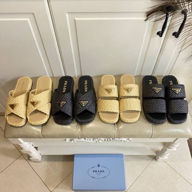 Factory price P, Prada new raffia woven slippers, original custom raffia, sheeps