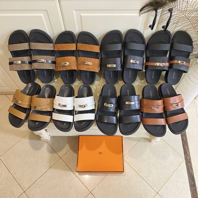 Factory price P, high version delivery, Hermes couple's slippers, cowhide surfac