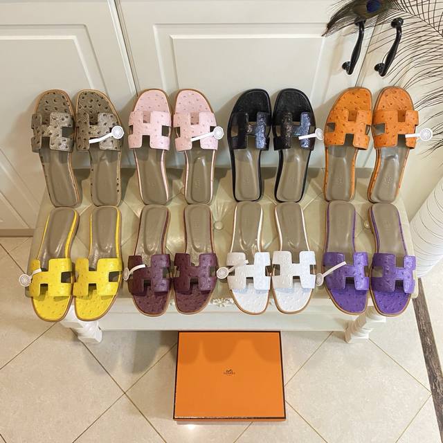 factory price P, Hermes classic H slippers high-end series, ostrich leather surf