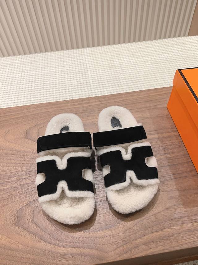 Hermes H autumn and winter new wool slippers series classic H plus furry wool de