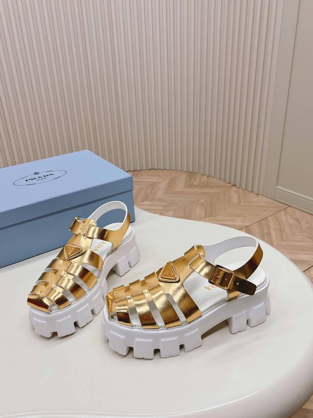 Full color upgrade Prada pig cage shoes Sawtooth Roman braided thick-soled rubbe