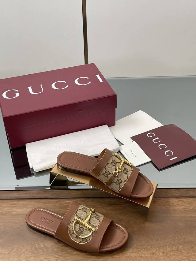 2025 summer latest D-shaped light gold horsebit buckle flip-flop sandals Gucc bi