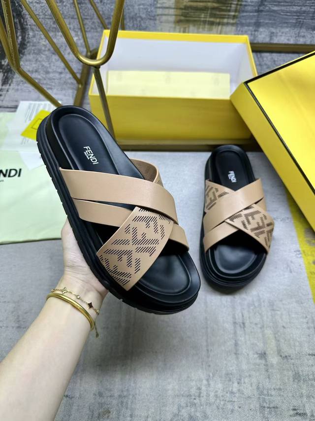 Fendi's latest cross-stripe slippers, light brown leather with laser engraved Ff