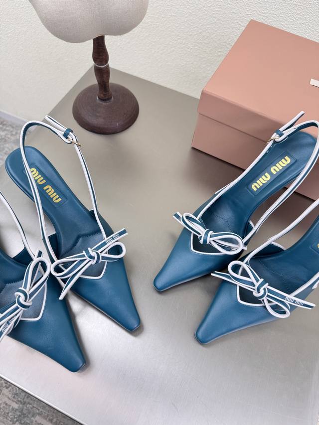 Miu'miu 25 early autumn back air heel high heel series classic peacock blue bow