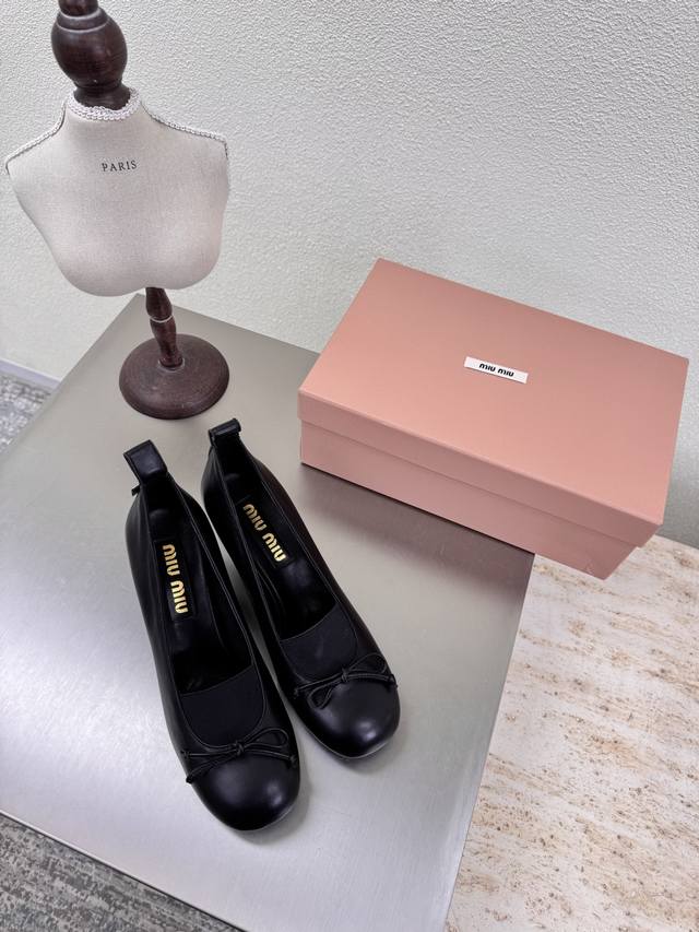 Square heel Miu'miu 25 autumn shoes comfortable elastic with small bow series Bl