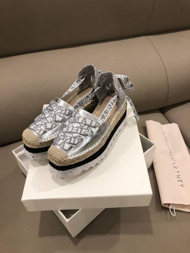 Hemp rope bottom real shot Stella Mccartney thick sole casual shoes, fabric deni