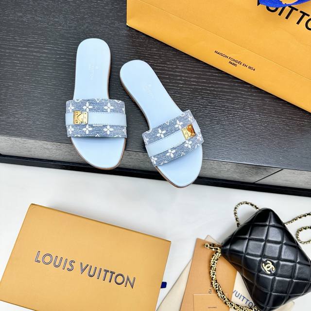 Lv Donkey brand 25 new metal square buckle flat sandals denim canvas surface cow