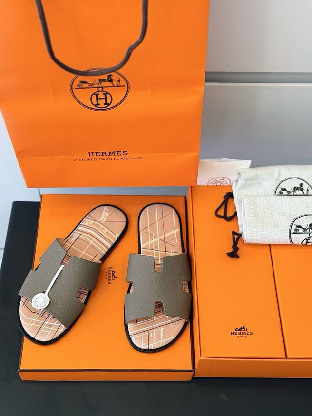 Factory P price Herme classic men's slippers - top leather outsole The style is