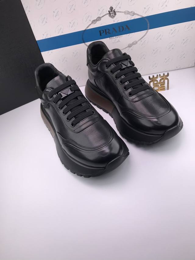 Prad* Super soft cowhide tumble pattern Pu light thick sole high-end sports casu