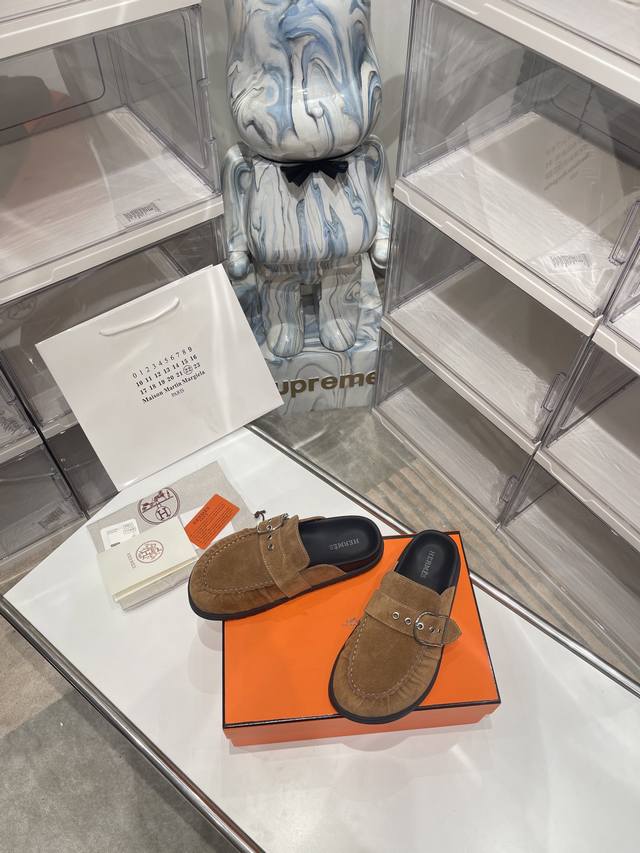 High version Hermes square buckle pleated closed toe flat half-slippers Birkens