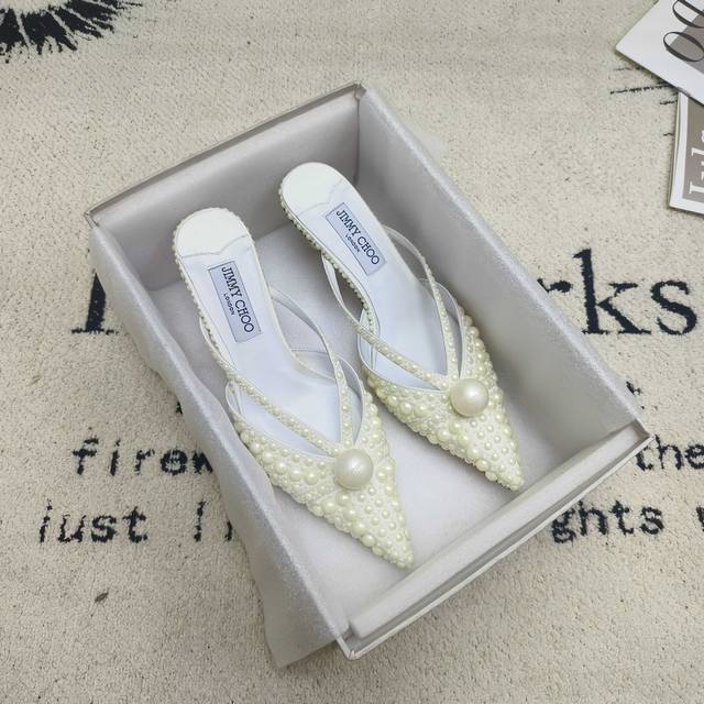 Jimmy Choo pointed satin big pearl women's shoes Pearl new elegant thin strap sa