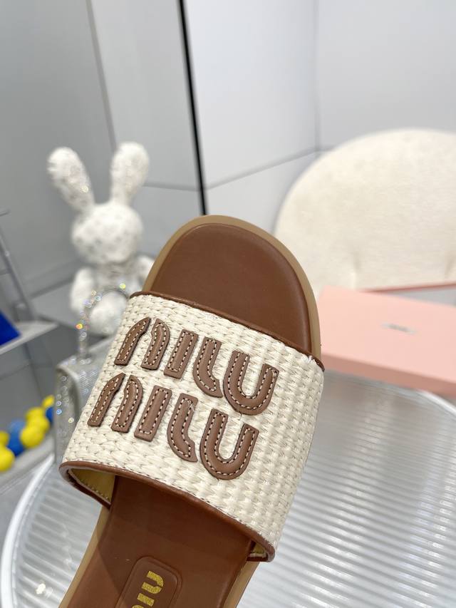 Leather sole 210 Miumiu new slippers Classic forever! Raffia flat slippers full