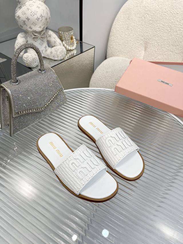 Leather sole 210 Miumiu new slippers Classic forever! Raffia flat slippers full