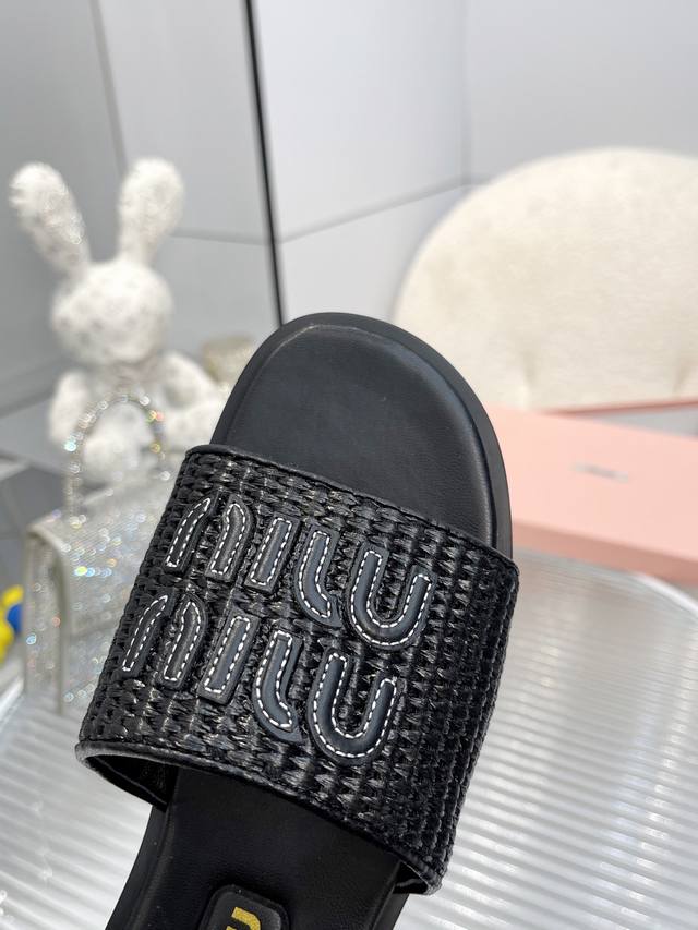 Leather sole 210 Miumiu new slippers Classic forever! Raffia flat slippers full