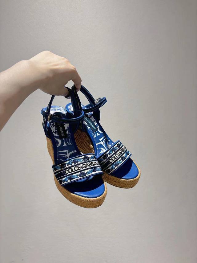 New 235-41 size leather outsole, hemp rope wedge sandals, sheepskin print linin