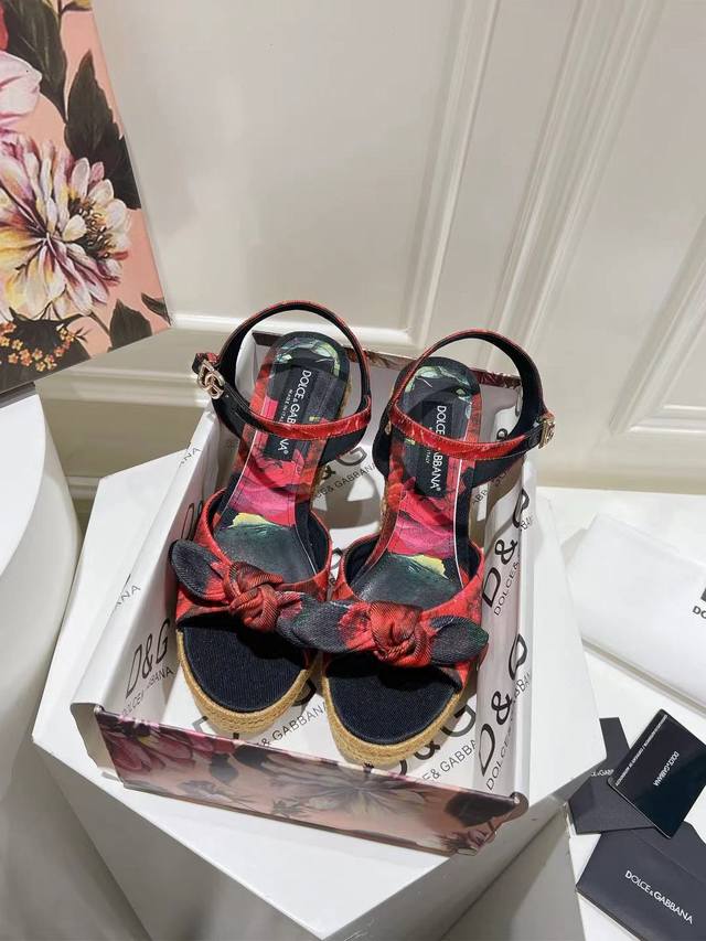 New 235-41 size leather outsole, hemp rope wedge sandals, sheepskin print linin