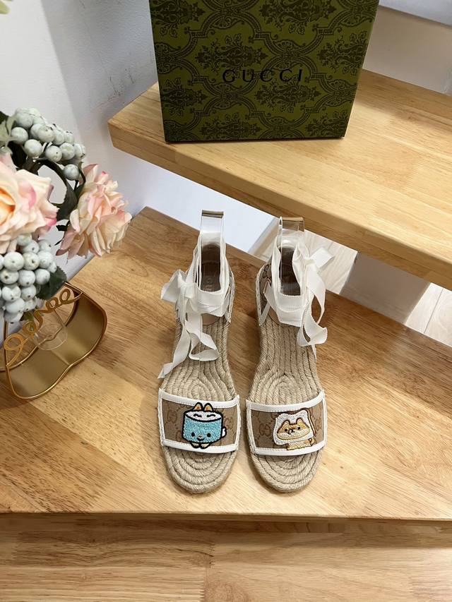 Gucci Gucci 23Ss new puppy embroidery women's lazy straw bottom wedge platform s