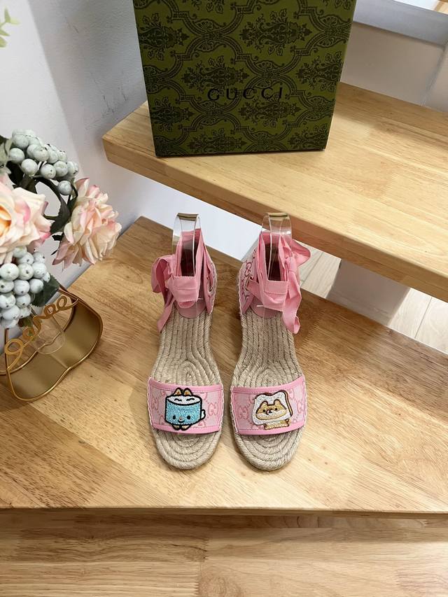 Gucci 23Ss new puppy embroidery women's lazy straw bottom wedge heel platform sh