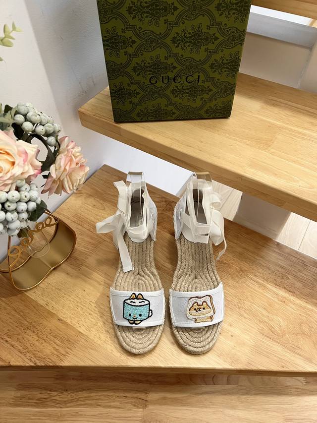 Gucci Gucci 23Ss new puppy embroidery women's lazy straw bottom wedge platform s