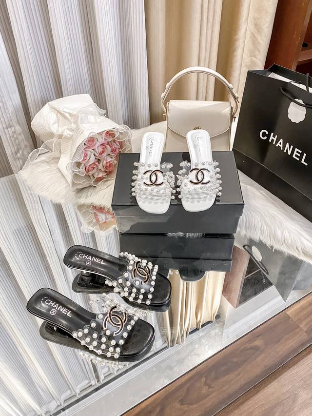 Orange factory price Pp: Glass glue Chanel pearl slippers transparent Chanel sli