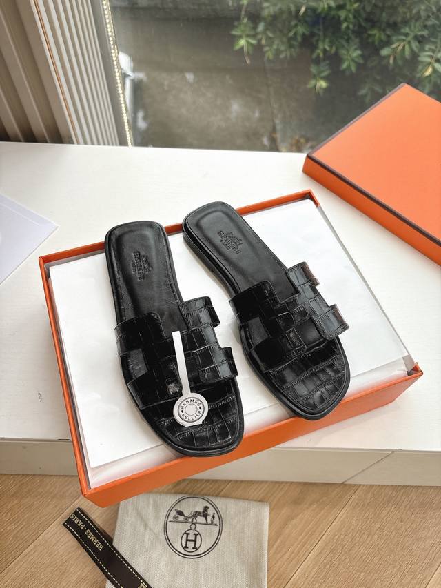 2025 Spring and Summer New Hermes Hermes H Pure Steel Kelly Lock Slippers Flat L