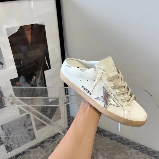 Silver leather star half-slippers couple style# Original replica high version. L