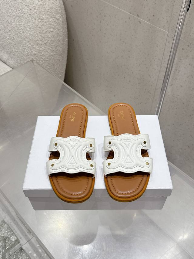 leather surfaceCeline 2025Ss spring and summer new slippers Arc de Triomphe Brit