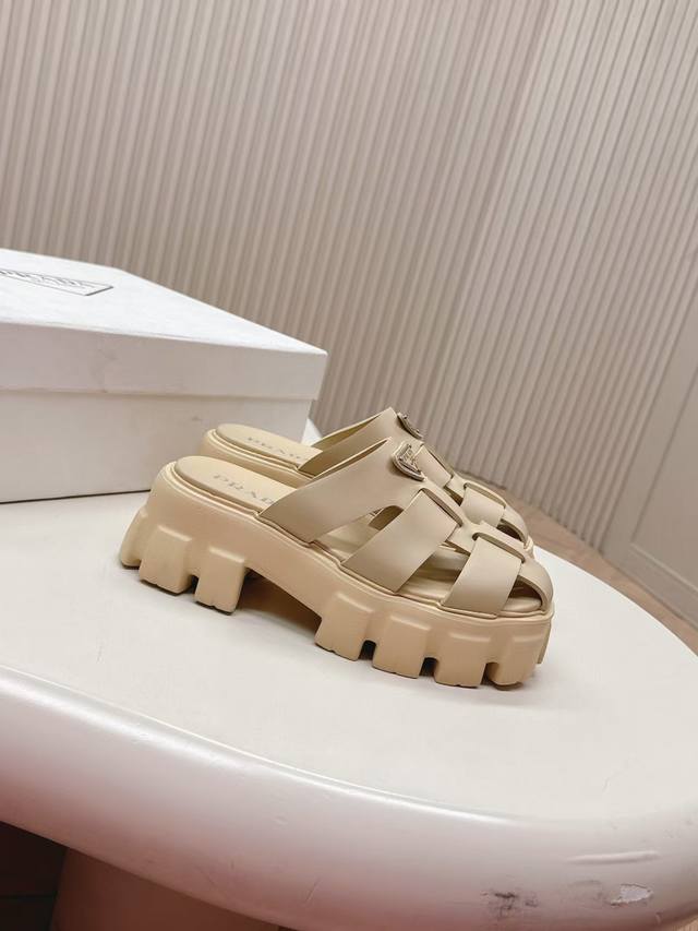 Full color upgrade Prada pig cage shoes serrated Roman braided thick-soled rubbe
