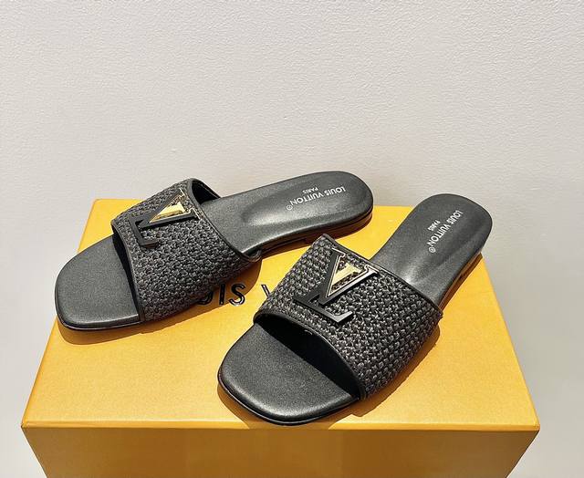 Lv Donkey brand 25 new raffia inlaid metal buckle woven flat sandals Sheepskin l