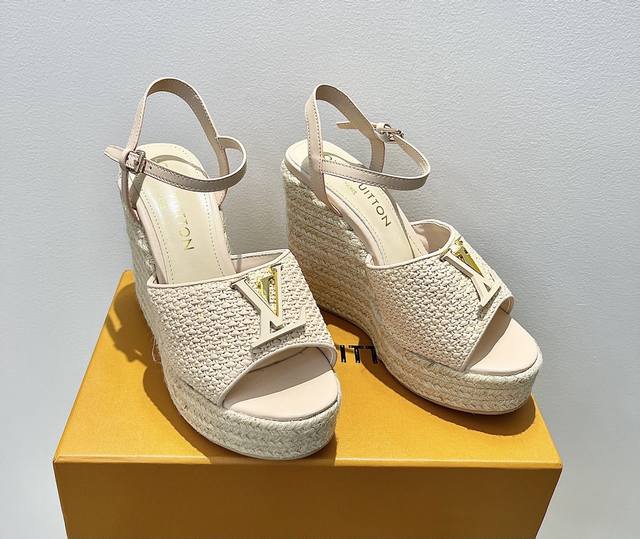 Lv Donkey brand 25 new raffia woven wedge sandals straw woven thick-soled platfo