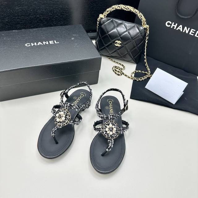 Chanel Chanel 25th New Style Small Chanel Chain Pearl Buckle Flip Flop Sandals M