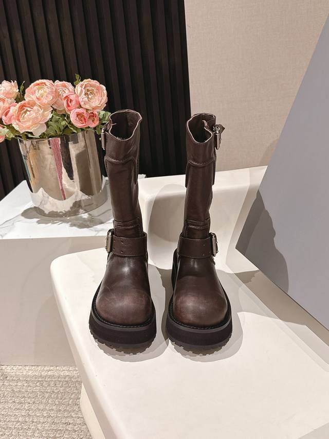 Balenciaga 2025 motorcycle boots Fabric: Custom matte natural tumbled calfskin w